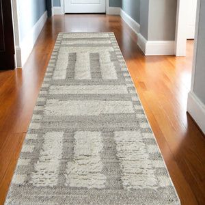 HomeRoots 4' Gray and Ivory Hand-Woven Wool Geometric Area Rug - Durable, Modern Style for Any Room Decor 10' Runner 566558