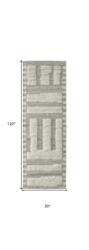 HomeRoots 4' Gray and Ivory Hand-Woven Wool Geometric Area Rug - Durable, Modern Style for Any Room Decor 10' Runner 566558