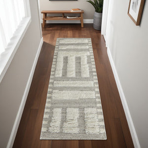 HomeRoots 4' Gray and Ivory Hand-Woven Wool Geometric Area Rug - Durable, Modern Style for Any Room Decor 8' Runner 566559