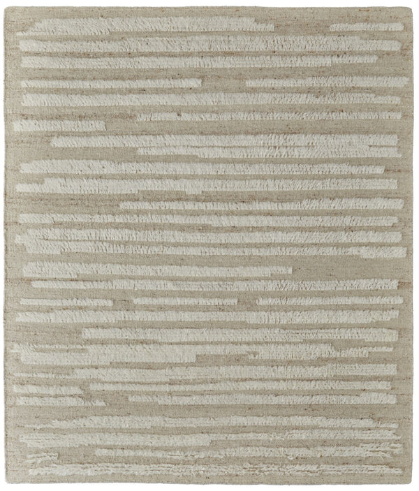 HomeRoots 4' Hand-Woven Wool Area Rug in White and Tan Stripes - Soft, Durable, and Easy-Care for Any Room 6' X 9' 566562
