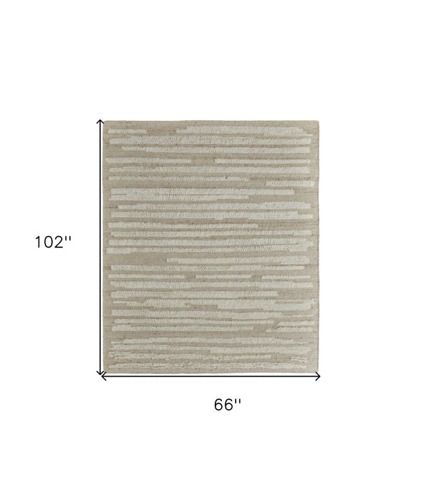 HomeRoots 4' Hand-Woven Wool Area Rug in White and Tan Stripes - Soft, Durable, and Easy-Care for Any Room 6' X 9' 566562