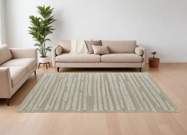 HomeRoots 4' Hand-Woven Wool Area Rug in White and Tan Stripes - Soft, Durable, and Easy-Care for Any Room 9' X 13' 566565