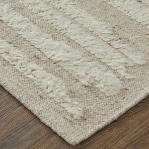 HomeRoots 4' Hand-Woven Wool Area Rug in White and Tan Stripes - Soft, Durable, and Easy-Care for Any Room 9' X 13' 566565