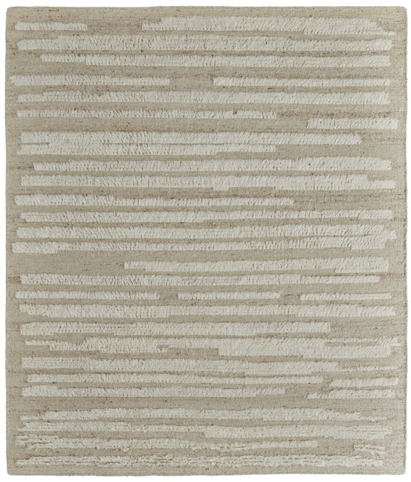 HomeRoots 4' Hand-Woven Wool Area Rug in White and Tan Stripes - Soft, Durable, and Easy-Care for Any Room 9' X 13' 566565