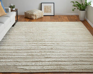 HomeRoots 4' Hand-Woven Wool Area Rug in White and Tan Stripes - Soft, Durable, and Easy-Care for Any Room 2' X 3' 566566