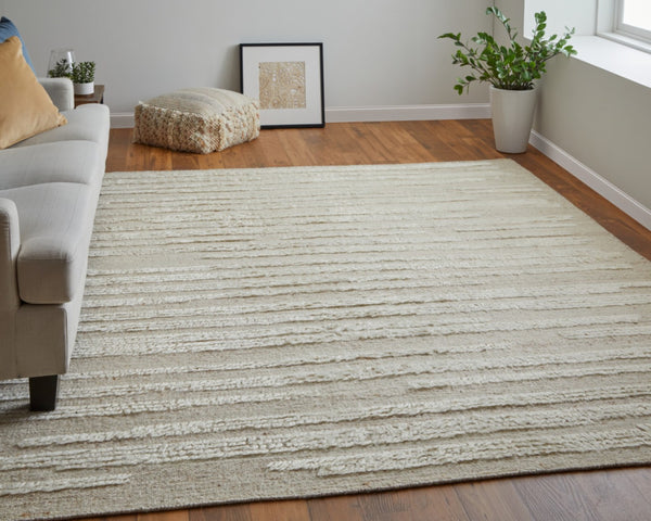 HomeRoots 4' Hand-Woven Wool Area Rug in White and Tan Stripes - Soft, Durable, and Easy-Care for Any Room 2' X 3' 566566