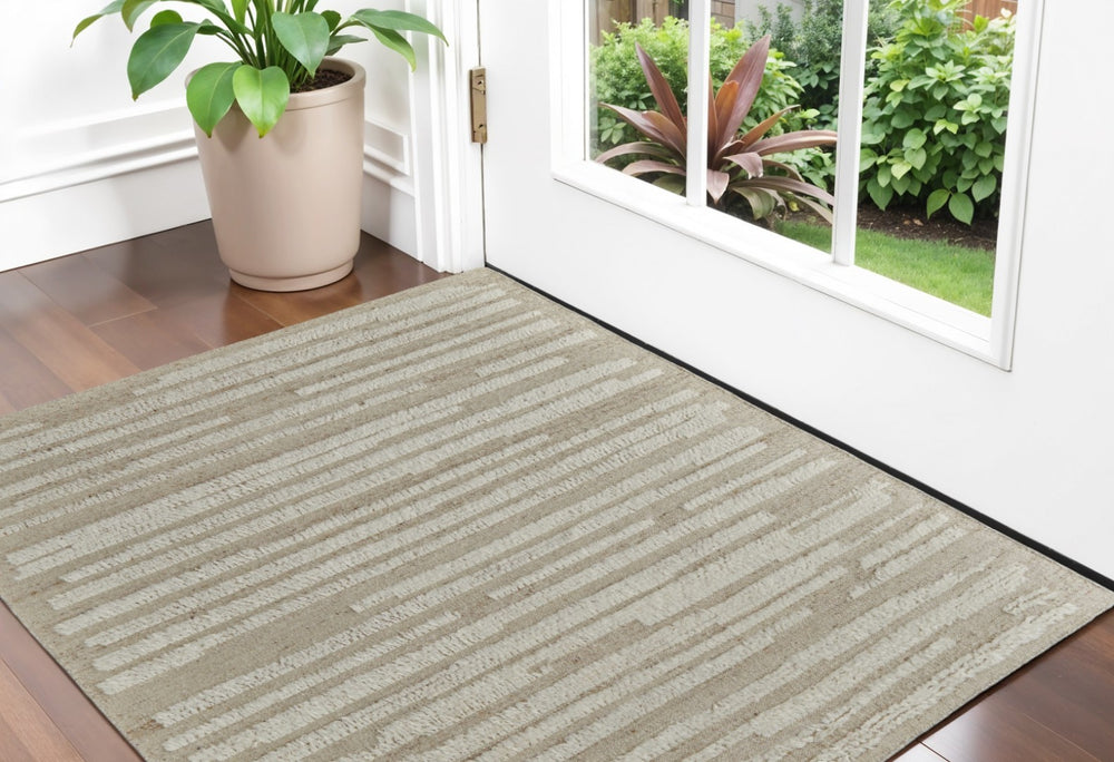HomeRoots 4' Hand-Woven Wool Area Rug in White and Tan Stripes - Soft, Durable, and Easy-Care for Any Room 2' X 3' 566566