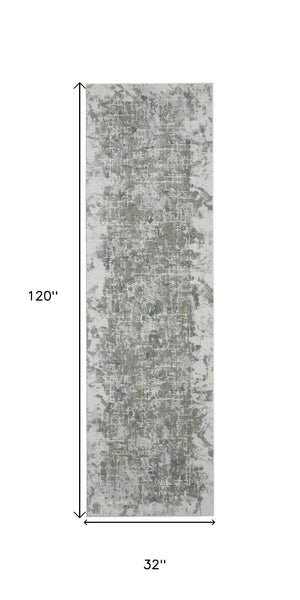 HomeRoots 8' Gray and Ivory Abstract Runner Rug - Durable, Stain-Resistant Design for Hallways and Entryways 10' Runner 566568