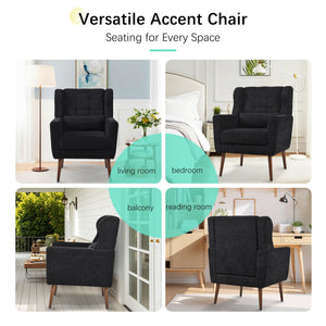 English Elm Modern Accent Chair Chenille Upholstered Ergonomic Lounge Armchair with Wood Legs and Pillow for Reading Comfort and Stylish Living Room Seating Black W1028P382764
