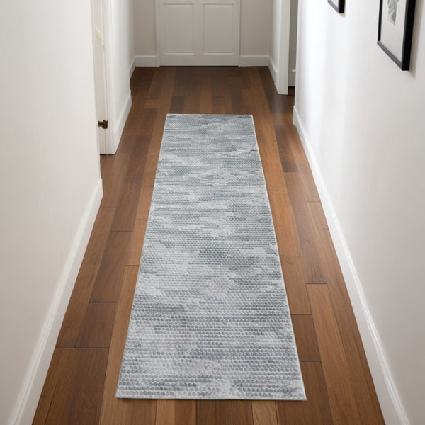 HomeRoots 8' Gray and Blue Abstract Runner Rug - Modern Design, Stain-Resistant, Ideal for High-Traffic Areas 8' Runner 566569