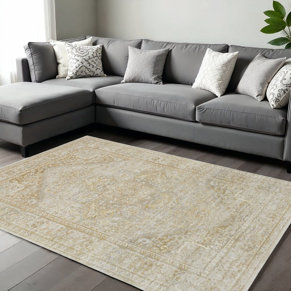 HomeRoots 8' Elegant Ivory and Gold Floral Medallion Area Rug - Timeless Design for Cozy Living Spaces 8' X 10' 566578
