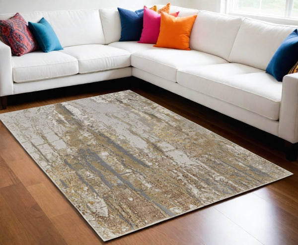 HomeRoots 4' Modern Abstract Area Rug in Ivory Gray and Brown – Soft, Stain-Resistant, Durable Design for Homes 5' X 8' 566591