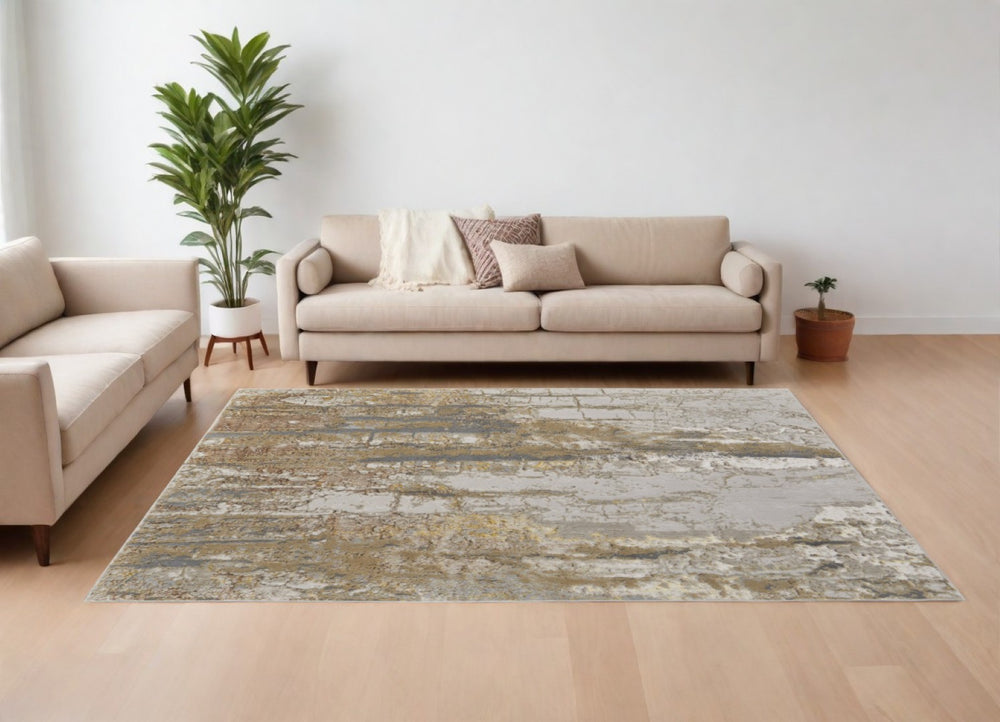HomeRoots 4' Modern Abstract Area Rug in Ivory Gray and Brown – Soft, Stain-Resistant, Durable Design for Homes 13' X 20' 566597