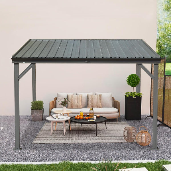 English Elm 8' Lean to Gazebo 8'x10' Gray with Hidden Gutter, Galvanized Steel Roof, Wind Resistant Patio Shelter W1859S00122
