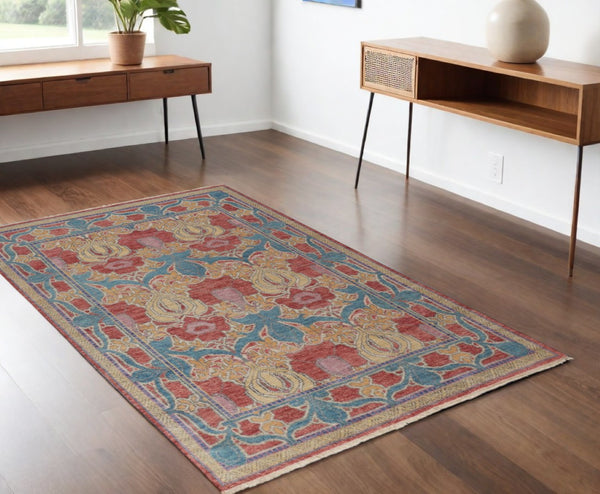 HomeRoots 4' Elegant Hand-Knotted Wool Oriental Area Rug in Vibrant Blue, Red, and Yellow for Timeless Style 4' X 6' 566612