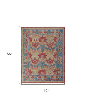HomeRoots 4' Elegant Hand-Knotted Wool Oriental Area Rug in Vibrant Blue, Red, and Yellow for Timeless Style 4' X 6' 566612