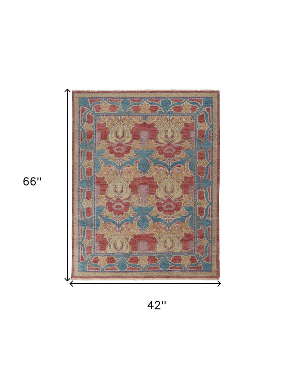 HomeRoots 4' Elegant Hand-Knotted Wool Oriental Area Rug in Vibrant Blue, Red, and Yellow for Timeless Style 4' X 6' 566612