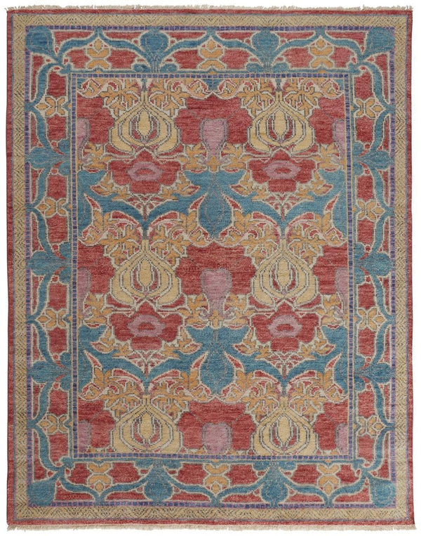 HomeRoots 4' Elegant Hand-Knotted Wool Oriental Area Rug in Vibrant Blue, Red, and Yellow for Timeless Style 6' X 9' 566613