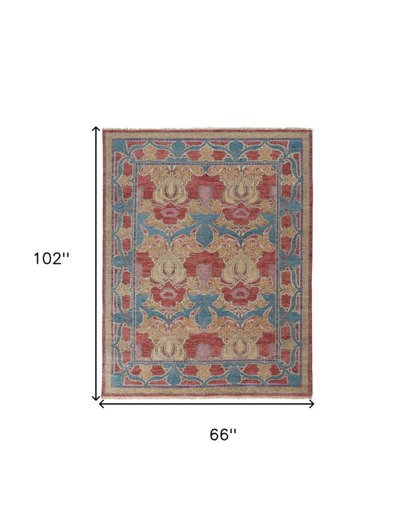HomeRoots 4' Elegant Hand-Knotted Wool Oriental Area Rug in Vibrant Blue, Red, and Yellow for Timeless Style 6' X 9' 566613