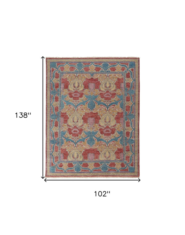 HomeRoots 4' Elegant Hand-Knotted Wool Oriental Area Rug in Vibrant Blue, Red, and Yellow for Timeless Style 8' X 12' 566615