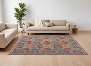 HomeRoots 4' Elegant Hand-Knotted Wool Oriental Area Rug in Vibrant Blue, Red, and Yellow for Timeless Style 9' X 13' 566616