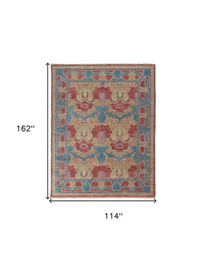 HomeRoots 4' Elegant Hand-Knotted Wool Oriental Area Rug in Vibrant Blue, Red, and Yellow for Timeless Style 9' X 13' 566616