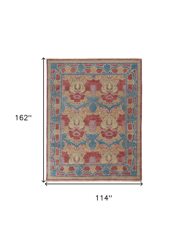 HomeRoots 4' Elegant Hand-Knotted Wool Oriental Area Rug in Vibrant Blue, Red, and Yellow for Timeless Style 9' X 13' 566616