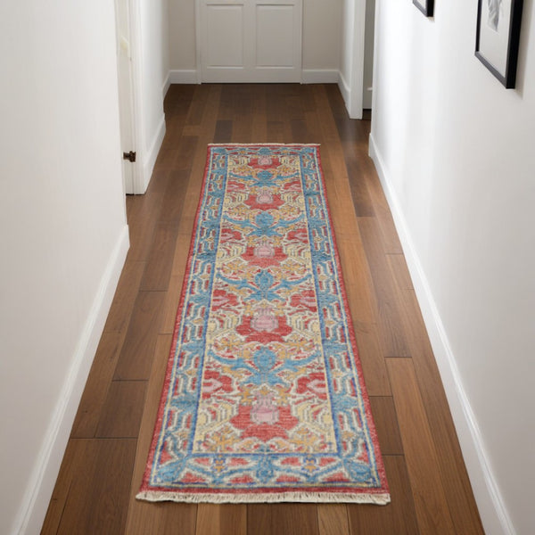 HomeRoots 4' Elegant Hand-Knotted Wool Oriental Area Rug in Vibrant Blue, Red, and Yellow for Timeless Style 8' Runner 566617