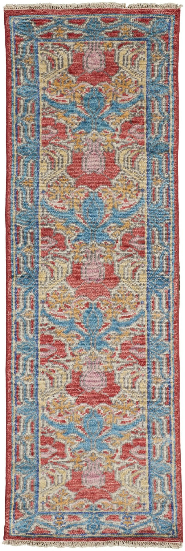 HomeRoots 4' Elegant Hand-Knotted Wool Oriental Area Rug in Vibrant Blue, Red, and Yellow for Timeless Style 8' Runner 566617