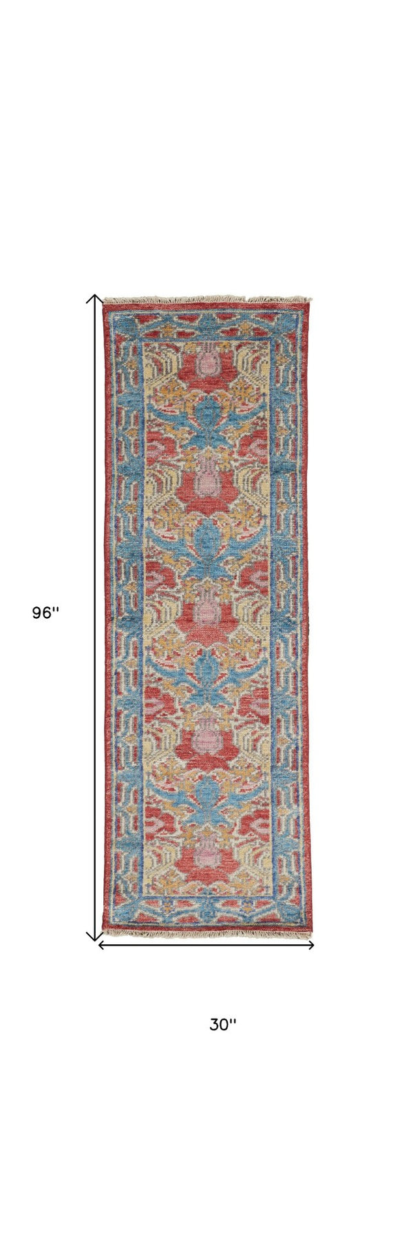 HomeRoots 4' Elegant Hand-Knotted Wool Oriental Area Rug in Vibrant Blue, Red, and Yellow for Timeless Style 8' Runner 566617