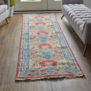 HomeRoots 4' Elegant Hand-Knotted Wool Oriental Area Rug in Vibrant Blue, Red, and Yellow for Timeless Style 8' Runner 566617