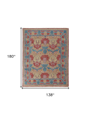 HomeRoots 4' Elegant Hand-Knotted Wool Oriental Area Rug in Vibrant Blue, Red, and Yellow for Timeless Style 12' X 15' 566618
