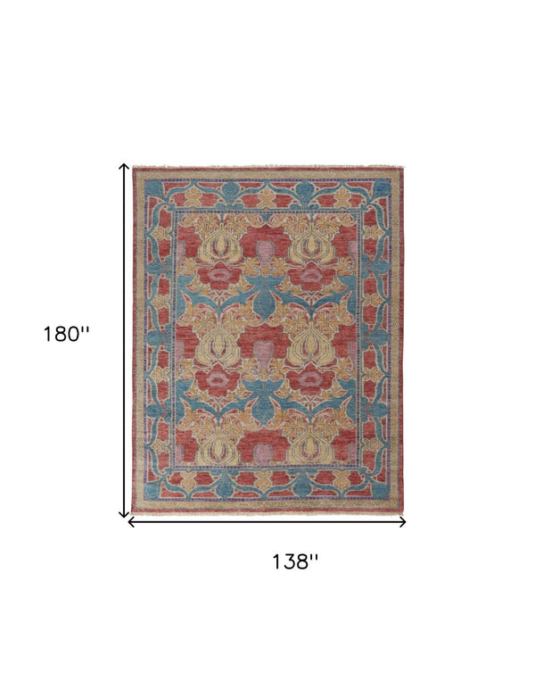 HomeRoots 4' Elegant Hand-Knotted Wool Oriental Area Rug in Vibrant Blue, Red, and Yellow for Timeless Style 12' X 15' 566618