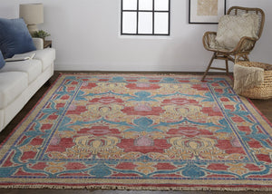 HomeRoots 4' Elegant Hand-Knotted Wool Oriental Area Rug in Vibrant Blue, Red, and Yellow for Timeless Style 2' X 3' 566619