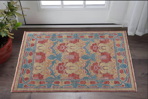 HomeRoots 4' Elegant Hand-Knotted Wool Oriental Area Rug in Vibrant Blue, Red, and Yellow for Timeless Style 2' X 3' 566619