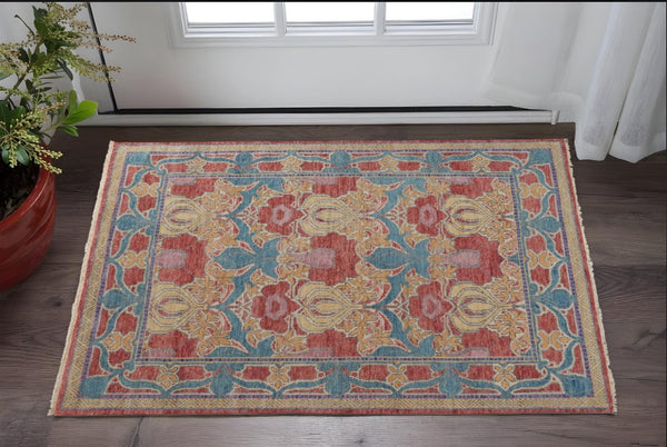 HomeRoots 4' Elegant Hand-Knotted Wool Oriental Area Rug in Vibrant Blue, Red, and Yellow for Timeless Style 2' X 3' 566619