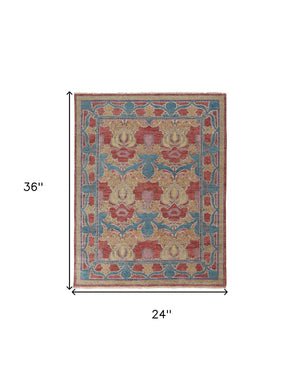 HomeRoots 4' Elegant Hand-Knotted Wool Oriental Area Rug in Vibrant Blue, Red, and Yellow for Timeless Style 2' X 3' 566619