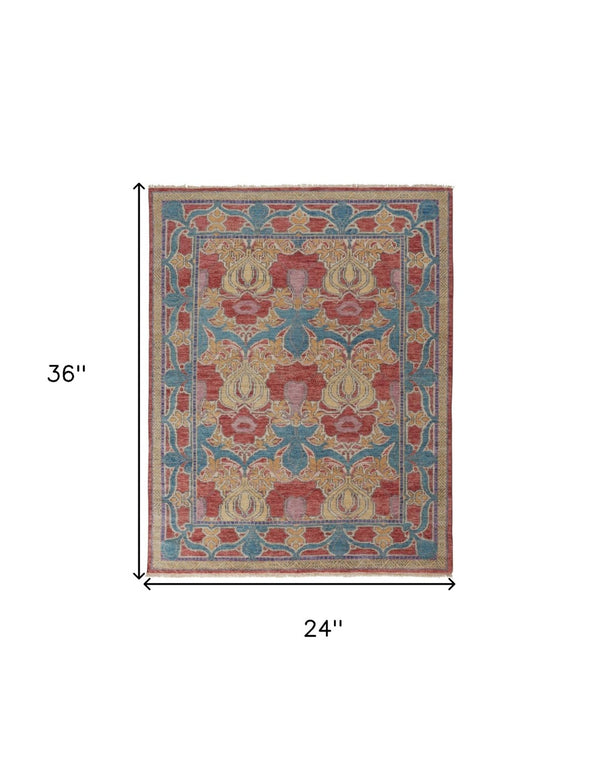 HomeRoots 4' Elegant Hand-Knotted Wool Oriental Area Rug in Vibrant Blue, Red, and Yellow for Timeless Style 2' X 3' 566619