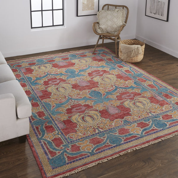 HomeRoots 4' Elegant Hand-Knotted Wool Oriental Area Rug in Vibrant Blue, Red, and Yellow for Timeless Style 2' X 3' 566619
