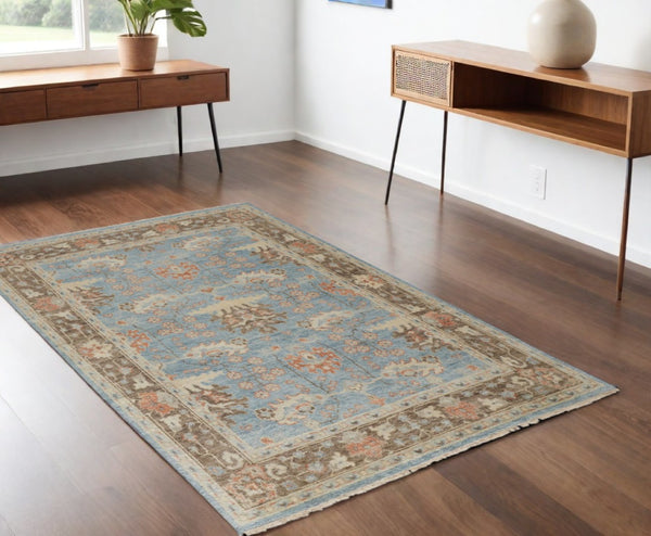 HomeRoots 4' Timeless Hand-Knotted Wool Oriental Area Rug in Brown and Blue - Durable, Elegant Accent for Any Space 4' X 6' 566620