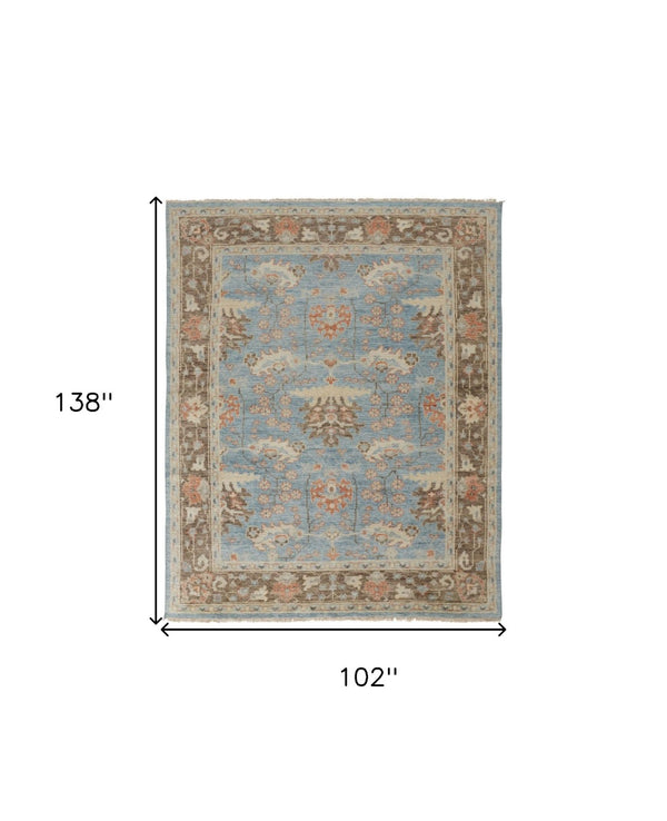 HomeRoots 4' Timeless Hand-Knotted Wool Oriental Area Rug in Brown and Blue - Durable, Elegant Accent for Any Space 8' X 12' 566623