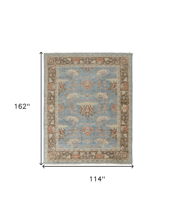 HomeRoots 4' Timeless Hand-Knotted Wool Oriental Area Rug in Brown and Blue - Durable, Elegant Accent for Any Space 9' X 13' 566624