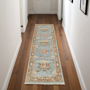 HomeRoots 4' Timeless Hand-Knotted Wool Oriental Area Rug in Brown and Blue - Durable, Elegant Accent for Any Space 8' Runner 566625