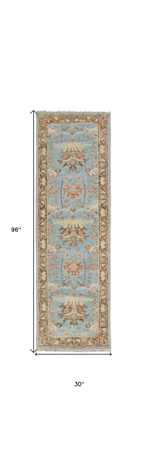 HomeRoots 4' Timeless Hand-Knotted Wool Oriental Area Rug in Brown and Blue - Durable, Elegant Accent for Any Space 8' Runner 566625