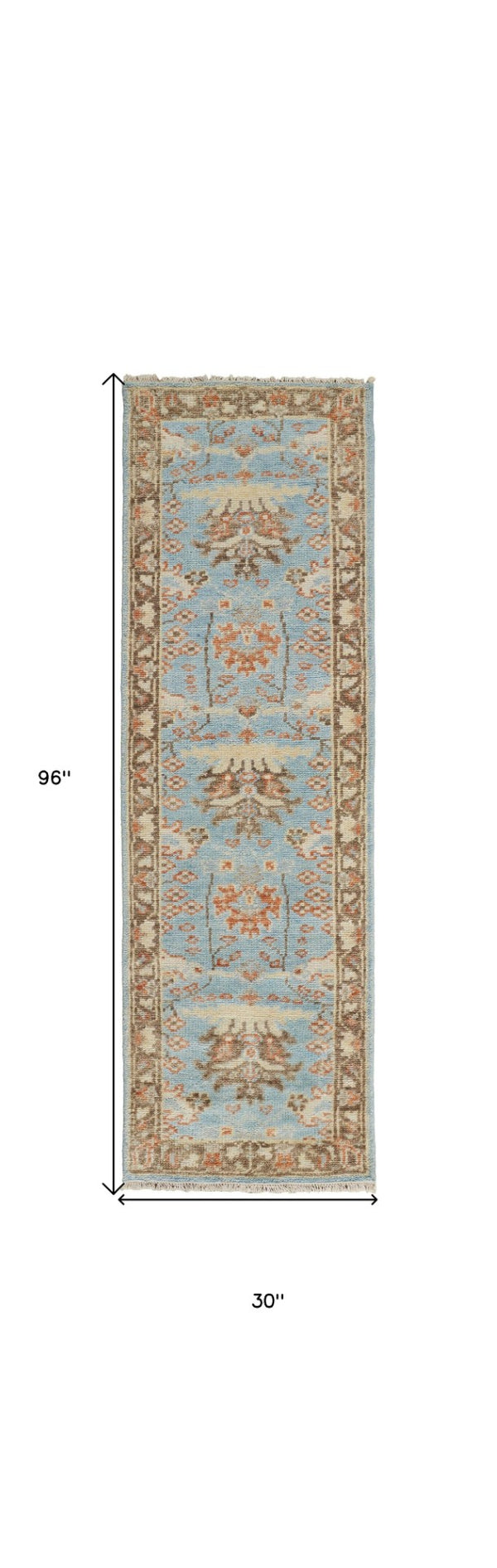 HomeRoots 4' Timeless Hand-Knotted Wool Oriental Area Rug in Brown and Blue - Durable, Elegant Accent for Any Space 8' Runner 566625
