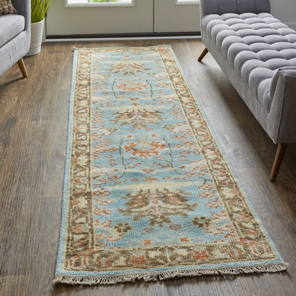 HomeRoots 4' Timeless Hand-Knotted Wool Oriental Area Rug in Brown and Blue - Durable, Elegant Accent for Any Space 8' Runner 566625