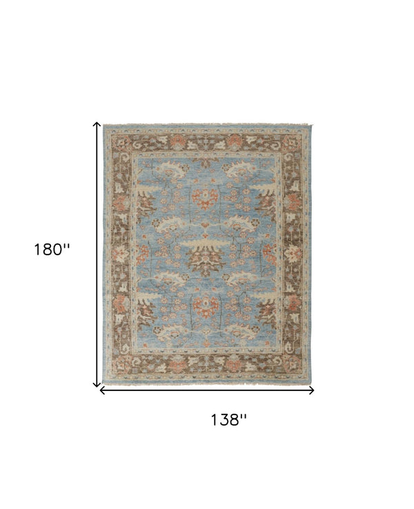 HomeRoots 4' Timeless Hand-Knotted Wool Oriental Area Rug in Brown and Blue - Durable, Elegant Accent for Any Space 12' X 15' 566626