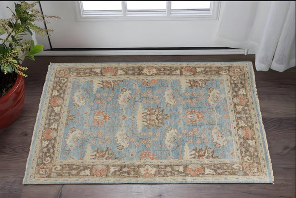 HomeRoots 4' Timeless Hand-Knotted Wool Oriental Area Rug in Brown and Blue - Durable, Elegant Accent for Any Space 2' X 3' 566627
