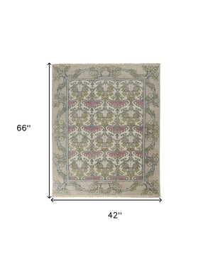 HomeRoots 4' Luxurious Hand-Knotted Wool Area Rug with Floral Design in Soft Ivory, Gray, and Pink Tones 4' X 6' 566628