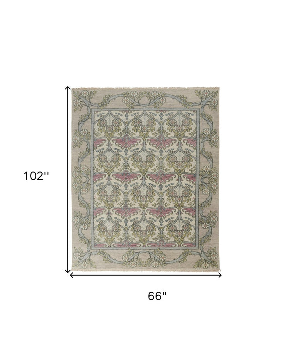 HomeRoots 4' Luxurious Hand-Knotted Wool Area Rug with Floral Design in Soft Ivory, Gray, and Pink Tones 6' X 9' 566629